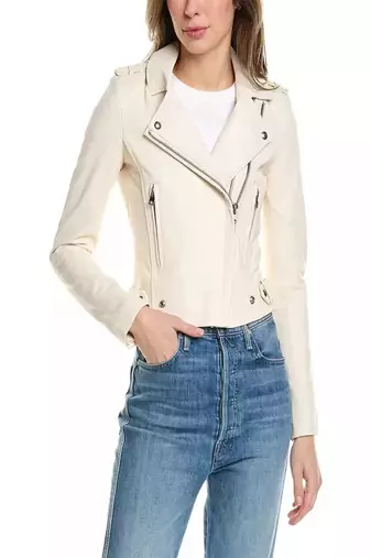Women’s white leather biker jacket slim fit quilted motorcycle zip-up coat