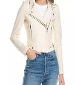 Women’s white leather biker jacket slim fit quilted motorcycle zip-up coat