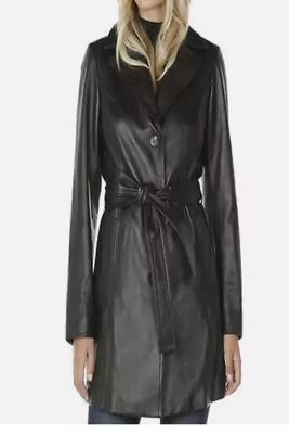women's black lambskin leather trench coat adjustable belted waist 1