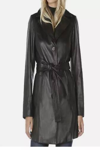 Women’s black genuine leather trench coat belted long slim fit classic stylish coat