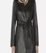 Women’s black genuine leather trench coat belted long slim fit classic stylish coat