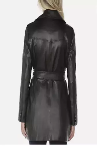 women's black lambskin leather trench coat adjustable belted waist