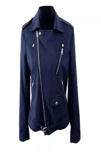 Women’s blue suede  leather biker jacket slim fit quilted motorcycle zip-up coat