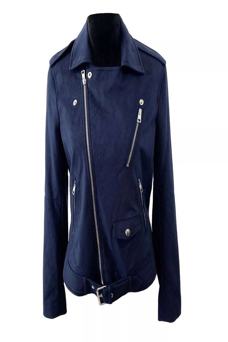 Women’s blue suede  leather biker jacket slim fit quilted motorcycle zip-up coat