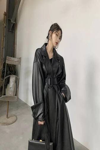 Women’s black leather trench coat belted longline classic elegant outerwear