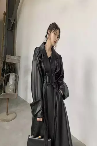 Women’s black leather trench coat belted longline classic elegant outerwear