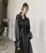 Women’s black leather trench coat belted longline classic elegant outerwear