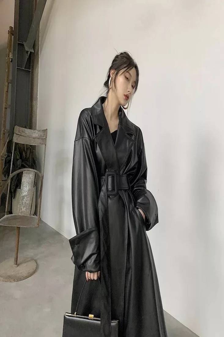 Women’s black leather trench coat belted longline classic elegant outerwear