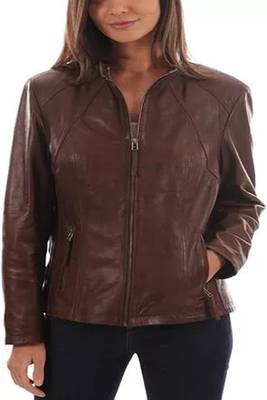 women's brown lambskin leather biker jacket classic zip front style 1