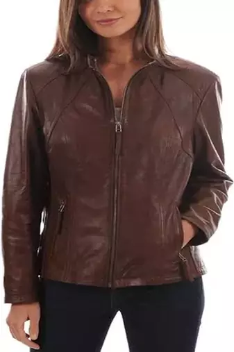 Women’s genuine leather brown  motorcycle jacket zip front slim fit