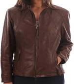 Women’s genuine leather brown  motorcycle jacket zip front slim fit