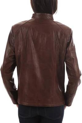 women's brown lambskin leather biker jacket classic zip front style 2