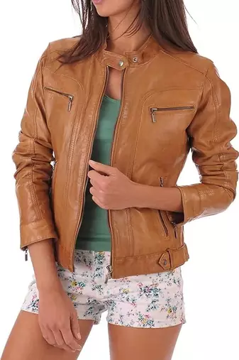 Women’s brown lambskin leather moto jacket slim fit stylish biker coat