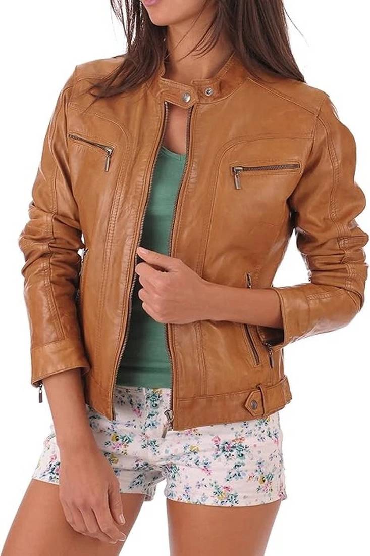 Women’s brown lambskin leather moto jacket slim fit stylish biker coat