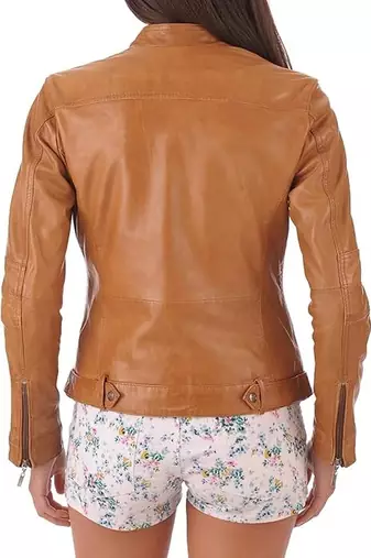 women's brown lambskin leather biker jacket classic moto zip style pro