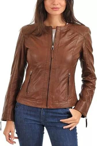 Women’s genuine lambskin leather jacket brown moto biker slim fit classic