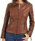 Women’s genuine lambskin leather jacket brown moto biker slim fit classic