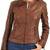 Women’s genuine lambskin leather jacket brown moto biker slim fit classic