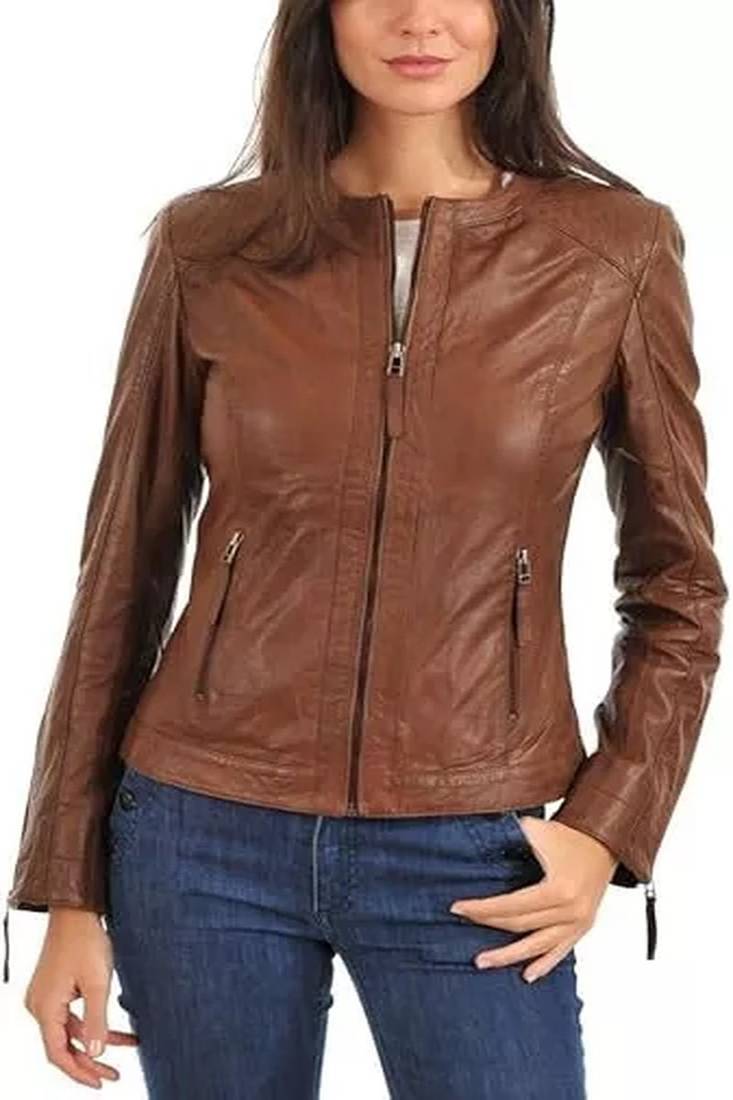 Women’s genuine lambskin leather jacket brown moto biker slim fit classic