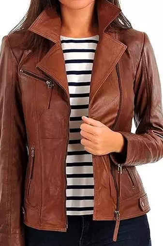 Women’s genuine soft lambskin leather jacket brown  biker slim fit trendy coat