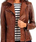 Women’s genuine soft lambskin leather jacket brown  biker slim fit trendy coat