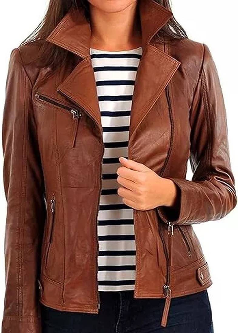 Women’s genuine soft lambskin leather jacket brown  biker slim fit trendy coat
