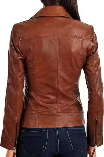 women's brown lambskin leather biker jacket classic moto zip style advanced
