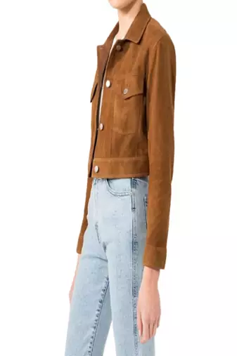Women’s brown suede leather cropped jacket simple bottom  front casual style
