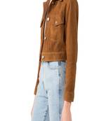 Women’s brown suede leather cropped jacket simple bottom  front casual style