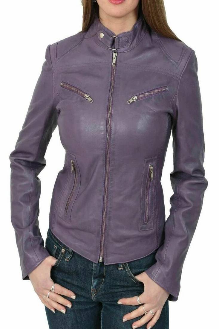 Women’s real soft lambskin leather jacket purple  motorcycle biker stylish slim fit