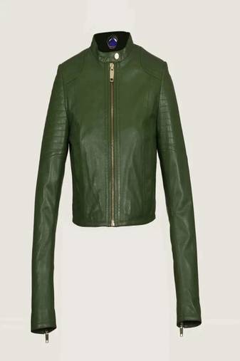 Women’s green genuine leather crop quilted jacket zip  detail minimalist
