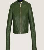 Women’s green genuine leather crop quilted jacket zip  detail minimalist