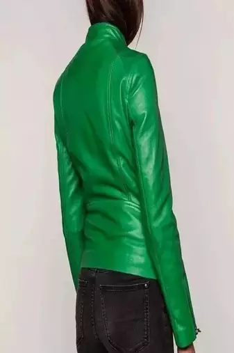 Premium women’s real lambskin leather jacket green slim fit motorcycle biker