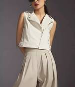 Women’s white leather cropped jacket minimalist zip detail slim fit style