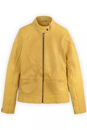 Women’s yellow leather jacket minimalist zip front casual style