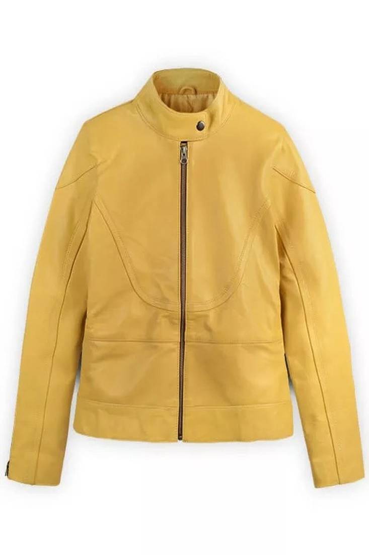 Women’s yellow leather jacket minimalist zip front casual style