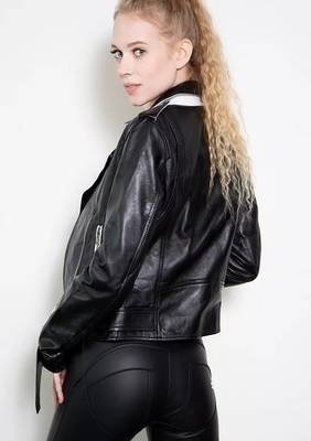 women's black and white lambskin leather biker jacket classic moto 2