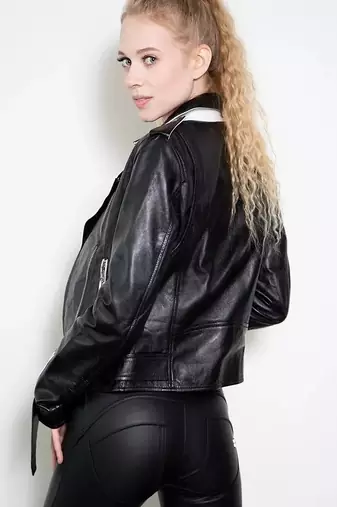 women's black and white lambskin leather biker jacket classic moto