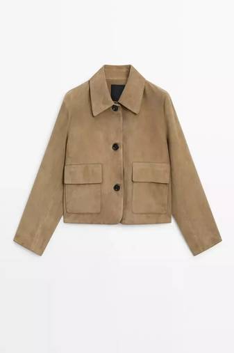 Women’s tan slim fit  genuine suede leather cropped jacket short biker style coat