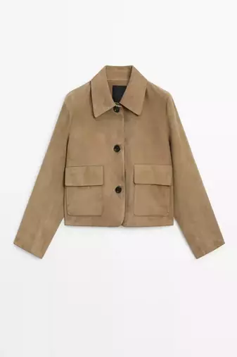 Women’s tan slim fit  genuine suede leather cropped jacket short biker style coat