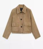 Women’s tan slim fit  genuine suede leather cropped jacket short biker style coat