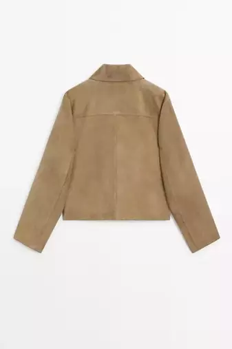 Women’s tan slim fit  genuine suede leather cropped jacket short biker style coat