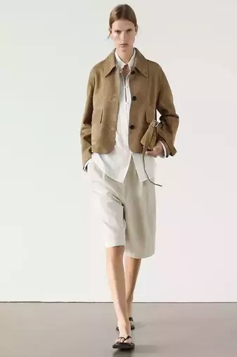 Women’s tan slim fit  genuine suede leather cropped jacket short biker style coat