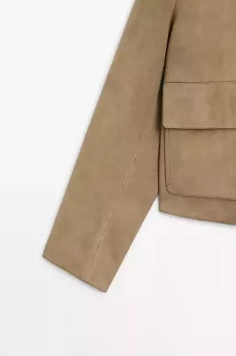 Women’s tan slim fit  genuine suede leather cropped jacket short biker style coat