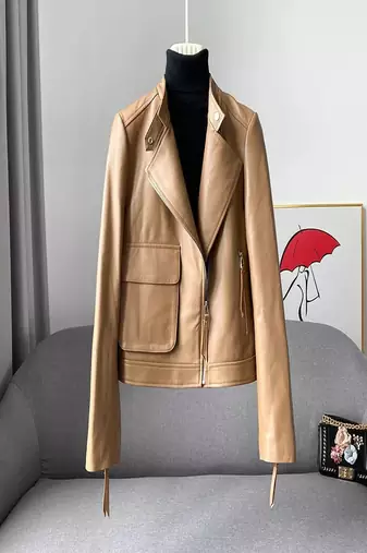 Genuine tan color sheepskin jacket women leather coat casual with pocket