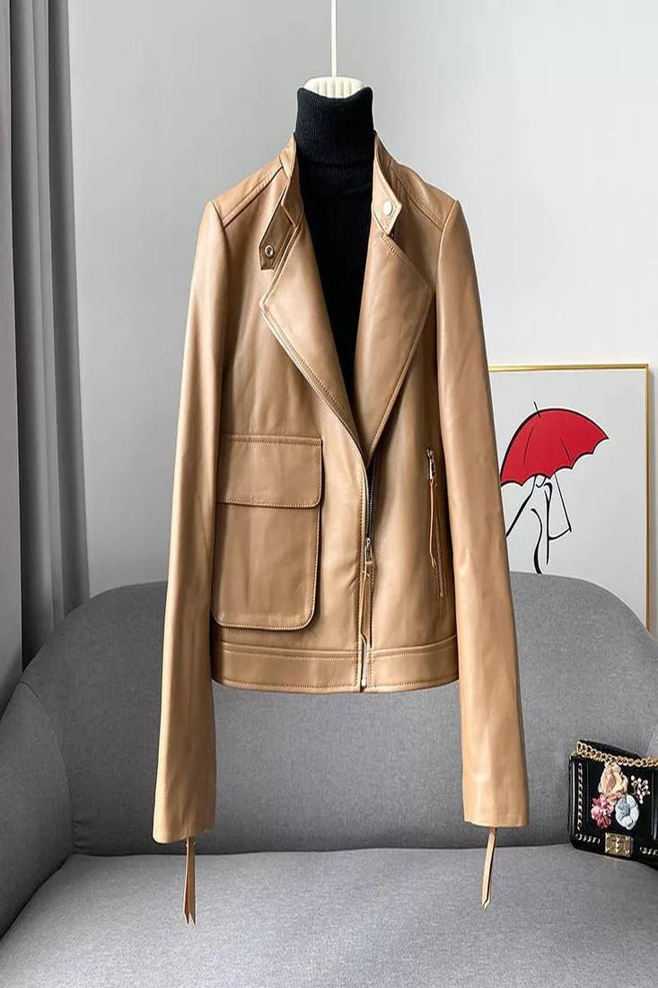 Genuine tan color sheepskin jacket women leather coat casual with pocket