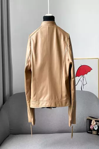 women's tan sheepskin leather jacket classic zip up style