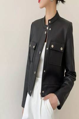 women's genuine sheepskin leather biker jacket stand up collar style 1