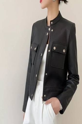 Women’s  jacket stand collar sheepskin leather vintage slim fit moto biker zip