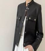 Women’s  jacket stand collar sheepskin leather vintage slim fit moto biker zip
